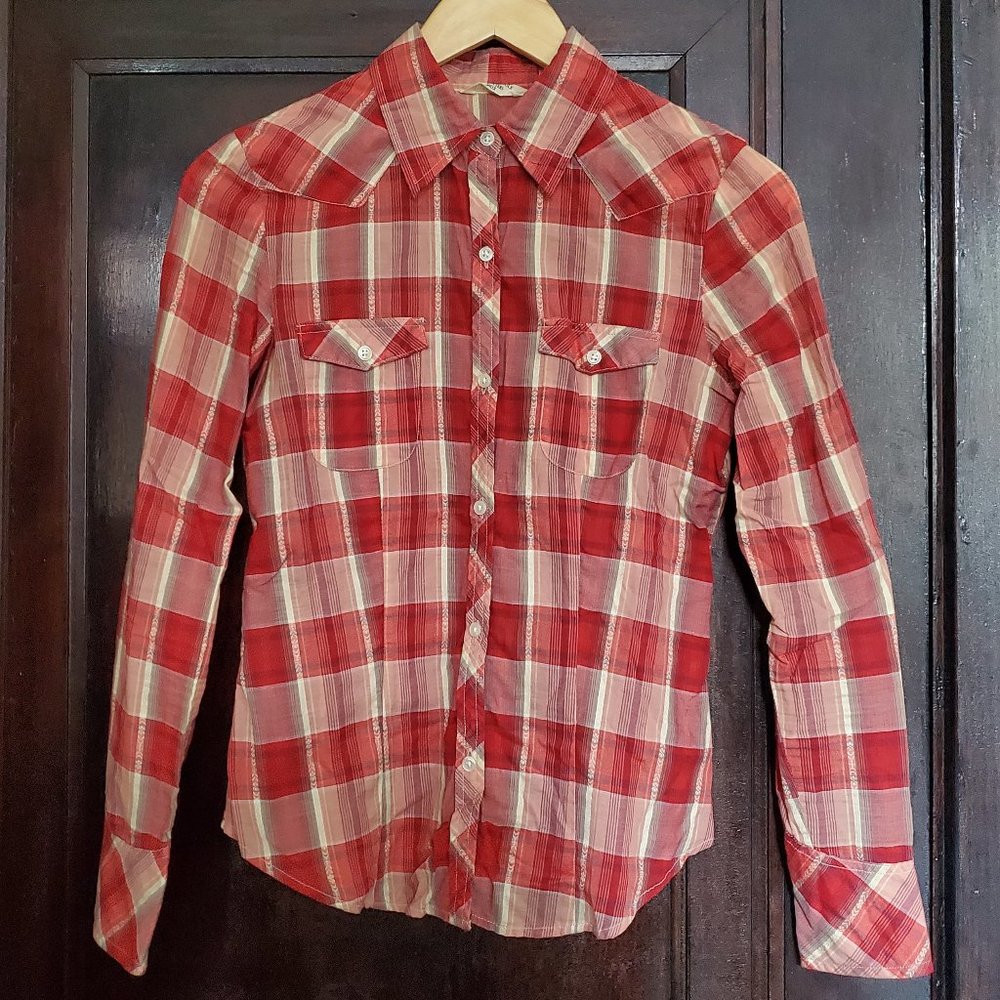 American Eagle red plaid Western style shirt